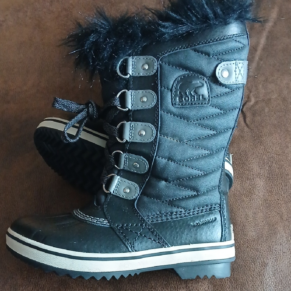 SOREL Black Snow Boots Fake Fur Lined  Waterproof - Girls Size 1 Never Worn